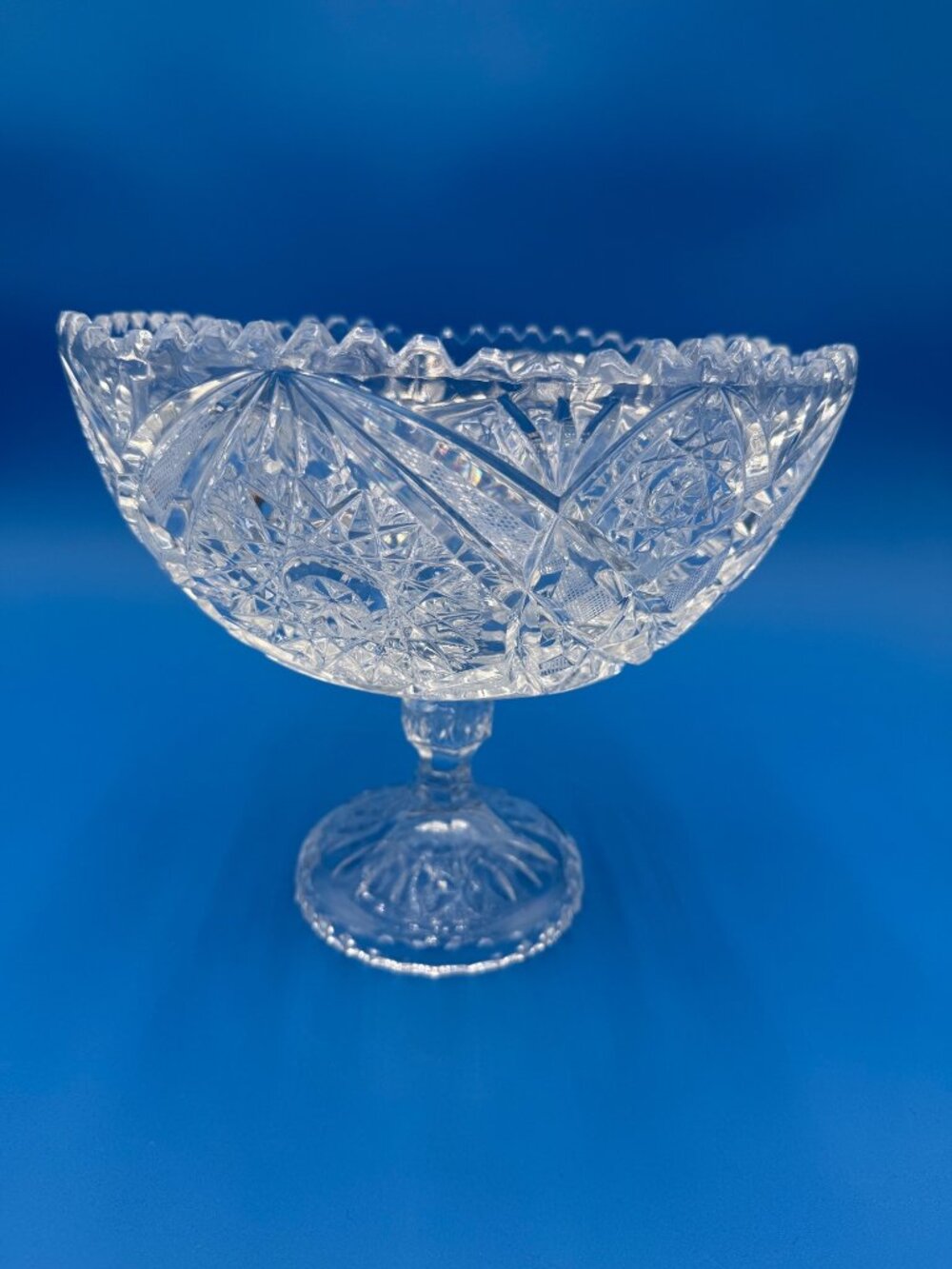 Vintage American Brilliant Clear Cut Glass Pedestal Bowl Starburst Campote Cente